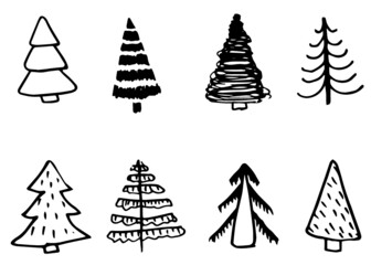 Doodle hand drawn Christmas trees set, vector, isolated on white background