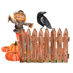Autumn scenery: watercolor composition of scarecrow, pumpkins harvest, raven sitting on wood fence. For fall postcards, posters, greeting cards, Thanksgiving, Halloween invites, calendars, stationery