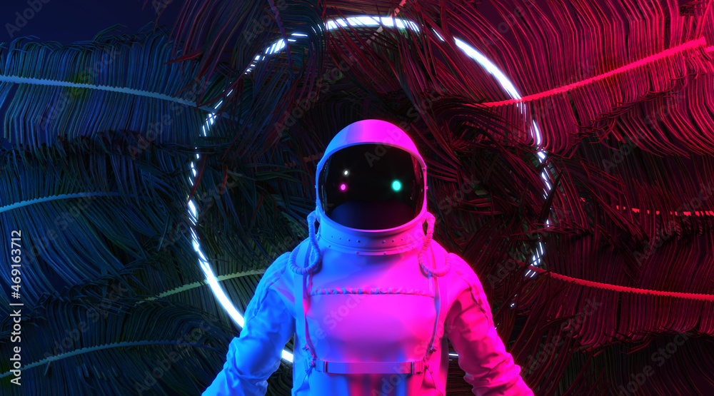Wall mural futuristic space sci-fi abstract background with astronaut. digital pixel noise glitch art effect on
