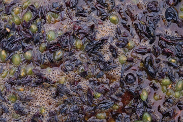 Freshly squeezed grapes background. The grapes are prepared for fermentation. Top view.