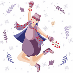 A girl in a jump, in winter accessories, gloves and socks, a winter scarf and hat, a winter illustration, a postcard for the holidays.