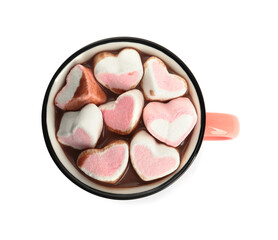 Cup of delicious hot chocolate with marshmallows isolated on white, top view