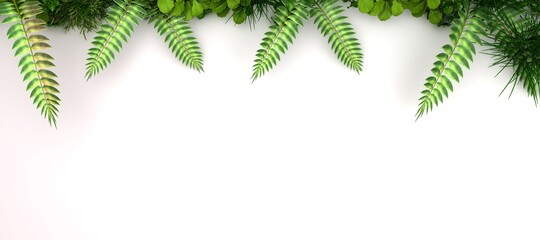 Minimal tropical green palm leaf on white paper background. Flat lay Top view with copy space for your text. 3d rendering.

