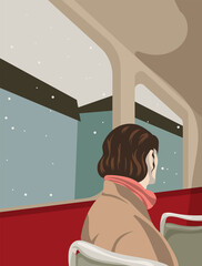 A girl sits in a tram, bus, train when it is snowing outside the window. A girl wrapped in a scarf looking through the transport window at the snow. Flat vector illustration.