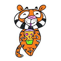Funny tiger drinks a cocktail, vector design for stickers on a social network.