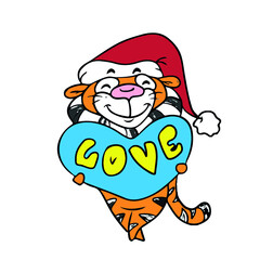 Funny tiger holding a heart, vector design for stickers on a social network. .