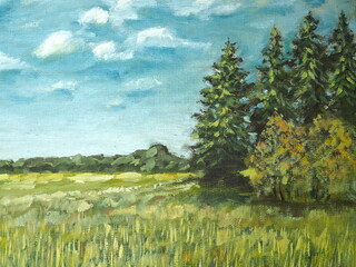 Landscape with forest and meadow. Oil painting. Summer day in the countryside © Gunars
