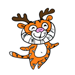 Funny tiger with deer horns, vector design for stickers on a social network. .