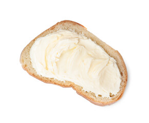 Slice of bread with tasty cream cheese isolated on white, top view