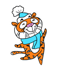 Funny tiger in a hat and scarf vector design for stickers on a social network.