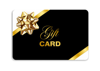 Gift card with gold bow isolated on white background. Vector illustration.