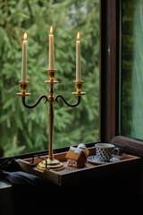 Candles and cup of coffee with gingerbread cookies in tray and window