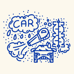 Car wash pattern drawn by doodle. Vector cartoon line cleaning and car cleaning. Pattern for the auto washing service poster. Vector illustration
