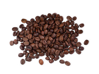 Pile of roasted coffee beans on white background, top view