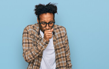 Fototapeta na wymiar Young african american man with beard wearing casual clothes and glasses feeling unwell and coughing as symptom for cold or bronchitis. health care concept.