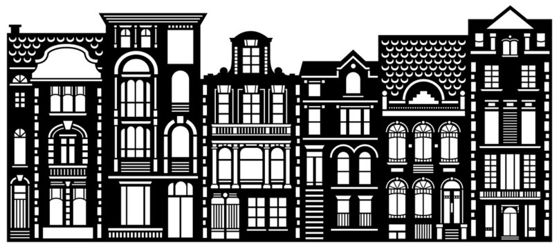 Laser cutting template of houses. Row of christmas houses. Amsterdam old houses facades. Wood carving vector. Die cut christmas town. Paper cutout. Baroque houses papercutting.  