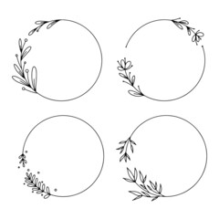 Collection of geometric vector floral frames. Borders decorated with hand drawn delicate flowers, branches, leaves, blossom. Vector illustration