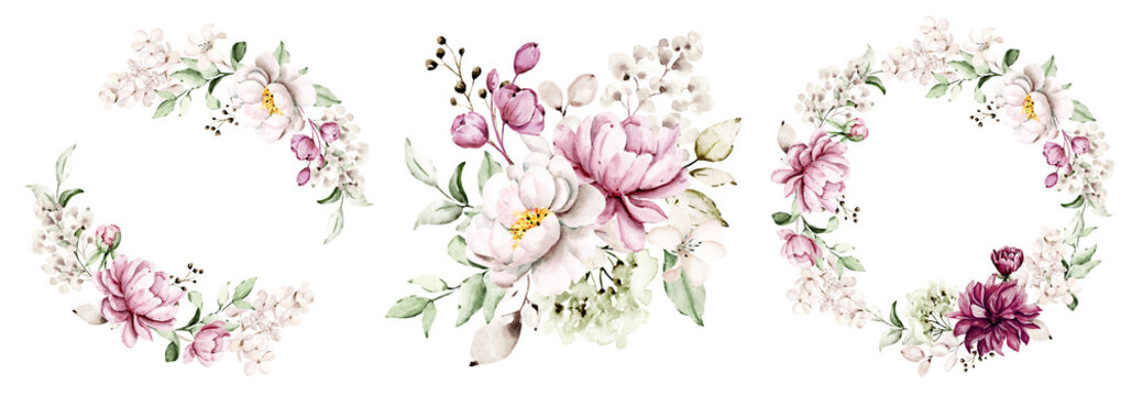 Wreath, bouquet, floral frame, watercolor flowers pink peonies, Illustration hand painted. Isolated on white background. Perfectly for greeting card design.