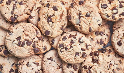 Homemade chocolate chips cookies. Traditional tasty sweets biscuits