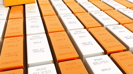 Rows of gold and silver bars stacked as a background. Business and finance wallpaper. 3D Rendering.  © adobedesigner