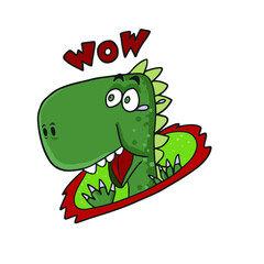 Funny dinosaur in a frame with wow text ,vector design for stickers on the social network