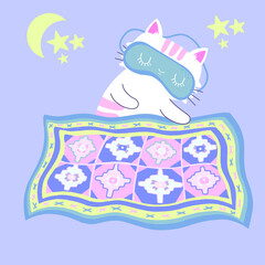 Vector Icon Illustration on a blue background. Sleeping kitten with sleep mask Flat Cartoon Style Suitable for Web Landing Page, Banner, Sticker.