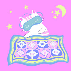 Vector Icon Illustration on a pink background. Sleeping kitten with sleep mask Flat Cartoon Style Suitable for Web Landing Page, Banner, Sticker.