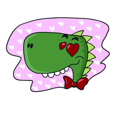 Funny dinosaur with hearts in his eyes, vector design for stickers on the social network