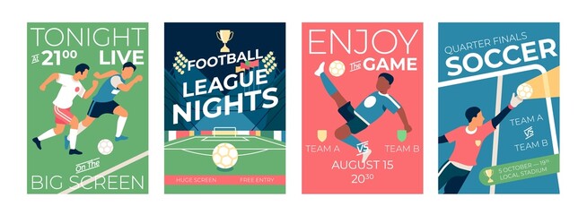 Soccer players cards. Football game posters. Sports teams compete. Champions league. Match invitations set with sportsmen action elements and lettering. Vector people playing with ball
