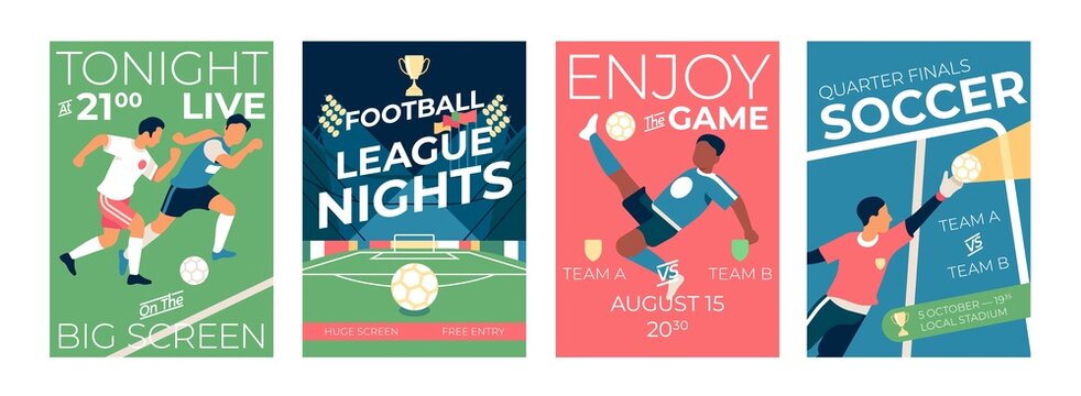 Soccer players cards. Football game posters. Sports teams compete. Champions league. Match invitations set with sportsmen action elements and lettering. Vector people playing with ball