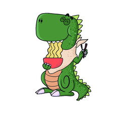 Funny dinosaur eats noodles ,vector design for stickers on the social network