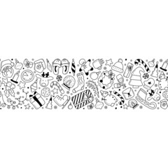 Obraz premium Black and white seamless pattern with doodle outline Christmas and New Year items. Vector illustration. Hand-Drawn.