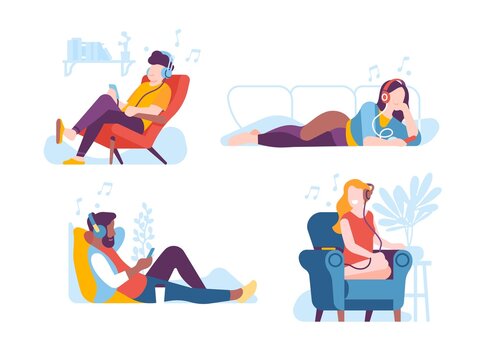 Relaxing music listening. Men and women with headphones lying on sofas and in armchairs. Home rest. People listen calm melodies. Isolated persons set enjoy musical melodies. Vector concept