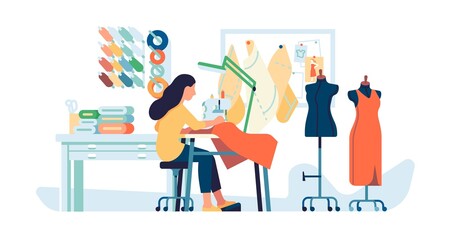 Sewing studio. Seamstress at work. Knitting crafts. Girl sews on machine. Patterns and mannequins. Tailor workplace with fabrics and threads. Fashion atelier. Vector dressmaking hobby