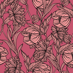 Seamless pattern with floral ornament. Vector flowers poppy, rose and carnation.