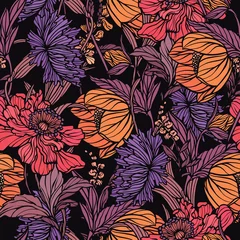 Gordijnen Bloemendesign Naadloos patroon met bloemenornament. Vector bloemen papaver, roos en anjer.  © polina21