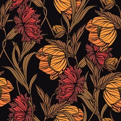Fototapeten Seamless pattern with floral ornament. Vector flowers poppy, rose and carnation. © polina21