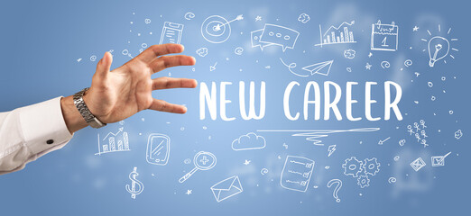 Close-Up of cropped hand pointing at business inscription