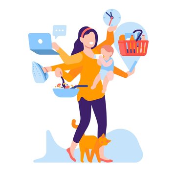 Domestic Tasks Woman. Mom Hero Houseworking. Simultaneous Execution Several Actions. Multitasking Mother Cooking And Ironing. Female Feeding Baby And Working At Laptop. Vector Concept