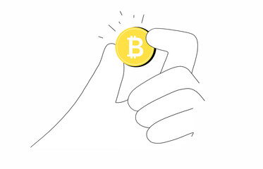 Main tenant un jeton de monnaie virtuelle Bitcoin sur fond blanc. Illustration minimaliste