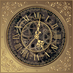 3-D ceiling painting in Classic style, bronze clock face, gold clock hands, ornaments, dark brown clockwork, gold clock gears