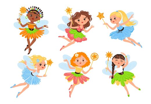 Little fairy. Beautiful girls with wings and magic wands, cute fabulous small characters, young sorceresses in colored dresses, flying fairytale elf kids, vector cartoon flat isolated set