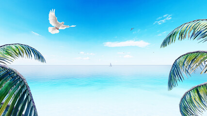 Fototapeta na wymiar Summer holidays background. Sunny tropical paradise beach with white sand and palms. 