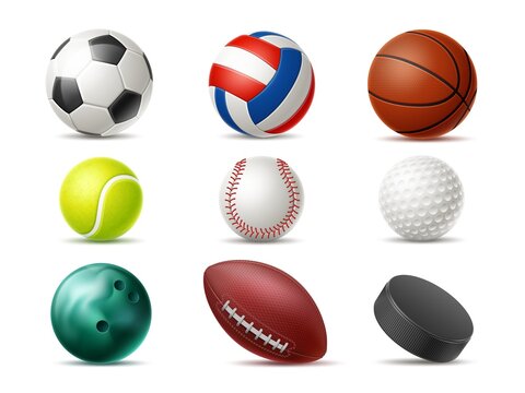Realistic sports balls. 3D football, tennis, rugby and golf accessories. Basketball, baseball, soccer objects. Different games professional equipment. Vector isolated playing spheres set