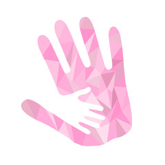 Hand in pink glove. Logo with silhouette hand in hand showing care, love, support, a small hand.