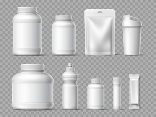 Realistic sport nutrition packaging. Protein powder white containers mockup, training and supplements plastic cans and bags, workout food, vitamins and energy drinks vector 3d isolated set
