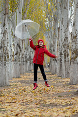 A girl walks and plays with a transparent umbrella in the park. Autumn. Atmosther.