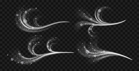 Cold wind air streams. Realistic frosty flows with snowflakes, different dynamic forms weathering effects, winter breathing with swirls visible curls and tufts, vector isolated set