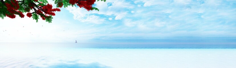 Fototapeta na wymiar Summer holidays background. Sunny tropical paradise beach with white sand and palms. 