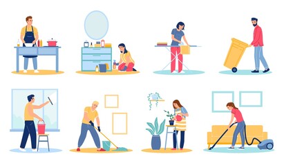 Fototapeta na wymiar People doing housework. Home cleaning. Persons wash floor or windows. Maids take out trash. Cleaner service. Persons iron laundry and watering flowers. Vector housekeeping activities set
